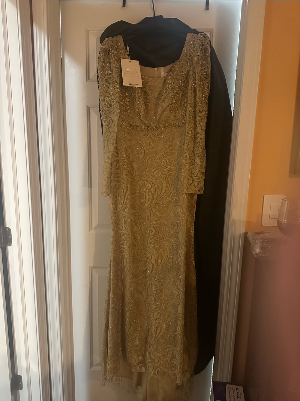 Mac Duggal Gold Beaded Long Sleeve Evening Gown
